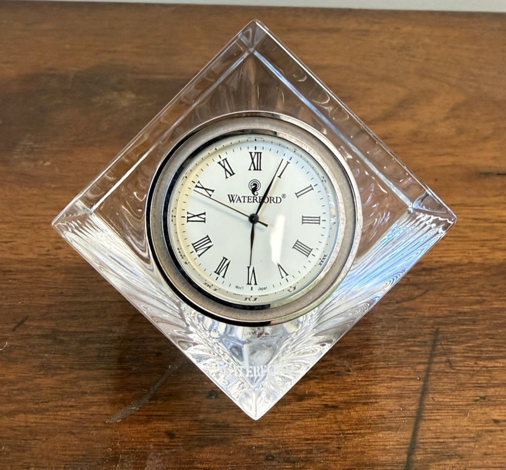 Waterford Crystal Meridian Desk Clock Diamond Cube Fan Cut Quartz Vintage 3.6"